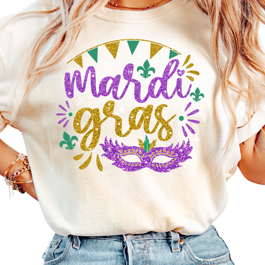 Womans Mardi Gras Glitter T-Shirt - Festive Mask & Fleur-de-Lis Design - Carnival Party Tee for Fat Tuesday - Purple Green Gold Parade Shirt