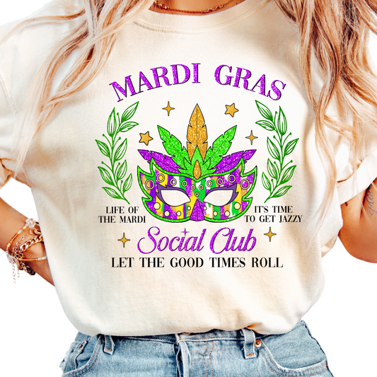 Womans Mardi Gras Social Club Shirt - Glitter Mask Laurel Design - Fat Tuesday Parade Tee - New Orleans Carnival Party Outfit - NOLA Trip