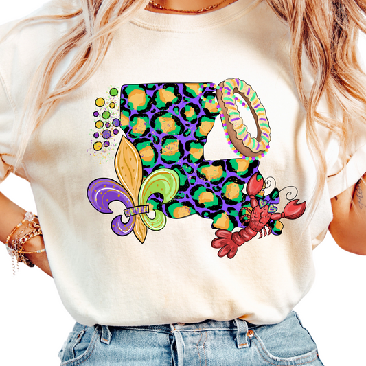 Womans Louisiana Mardi Gras Shirt - Leopard Print State Design with Crawfish, King Cake, Fleur de Lis - Fat Tuesday New Orleans Tee - NOLA