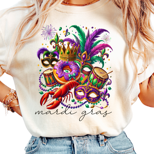Womans Mardi Gras Shirt - Colorful Carnival Design with Masks, Crown, Crawfish, Drums, and Beads - New Orleans Fat Tuesday Tee - NOLA TRIP