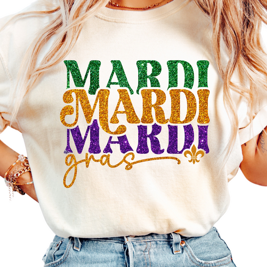Womans Mardi Gras Glitter Shirt - Fleur-de-lis - Sparkly Fat Tuesday Tee for Parades and Parties - New Orleans Carnival Shirt - NOLA