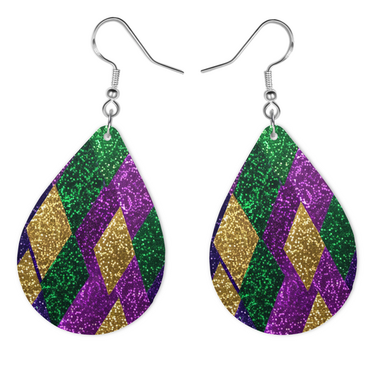 Mardi Gras Teardrop Earrings - Purple Green Gold Glitter Design - Harlequin Pattern Statement Jewelry - Lightweight Festival Accessories