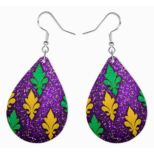 Mardi Gras Fleur-de-Lis Earrings - Glitter Teardrop Design - Lightweight Statement Jewelry for Women - Hypoallergenic Stainless Steel Hooks