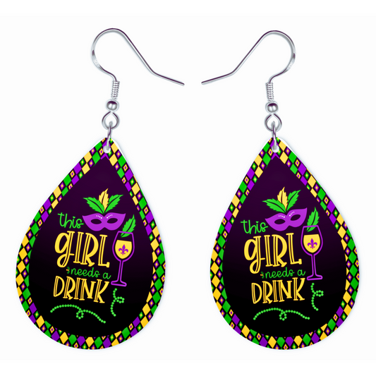 Mardi Gras Teardrop Earrings - This Girl Needs a Drink Design - Lightweight Double-Sided Earrings with Hypoallergenic Hooks - NOLA Jewelry