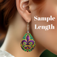 Mardi Gras Beads Earrings - Teardrop Dangle Earrings with Purple, Green, Gold Pattern - Lightweight Festival Jewelry for Women
