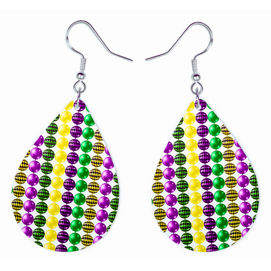 Mardi Gras Beads Earrings - Teardrop Dangle Earrings with Purple, Green, Gold Pattern - Lightweight Festival Jewelry for Women