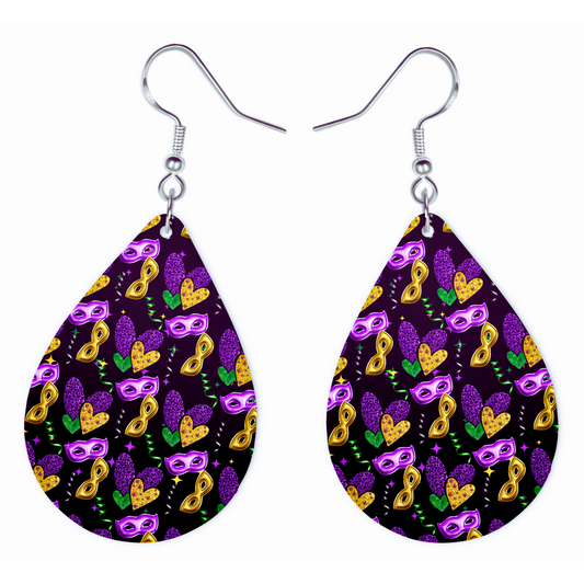 Mardi Gras Teardrop Earrings - Festive Black Glitter Design with Masks & Hearts - Hypoallergenic Stainless Steel Lightweight & Double-Sided