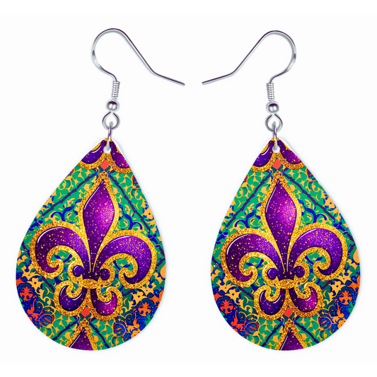 Mardi Gras Teardrop Earrings - Glitter Fleur-de-Lis Design - Festive Lightweight Dangle Jewelry for Women Carnival Party Accessories - NOLA