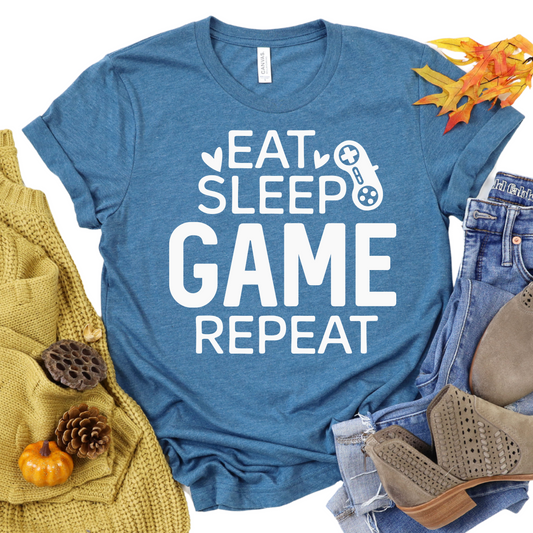 Eat Sleep Game Repeat Shirt - Funny Gaming T-Shirt for Gamers - Gamer Gift for Him or Her - Video Game Lover Tee - Geeky Gaming Apparel