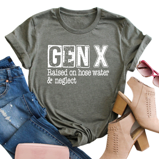 Gen X Raised on Hose Water Shirt - Funny Nostalgic Tee for Gen X - Humorous Graphic T-Shirt - Retro Gen X Gift - Vintage-Inspired Shirt