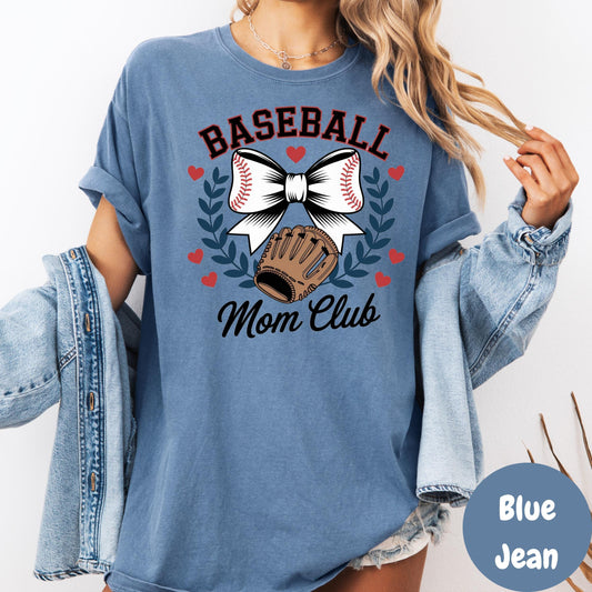Baseball Mom Club Comfort Colors® Shirt, Cute Baseball Bow Tee, Softball Mom Shirt, Game Day Graphic Tee, Sports Mama Shirt, Team Mom Shirt
