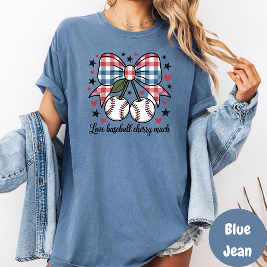 Love Baseball Cherry Much Comfort Colors® Shirt, Cute Baseball Bow Tee, Red White Blue Game Day Shirt, Softball Mom Shirt, Patriotic Tee