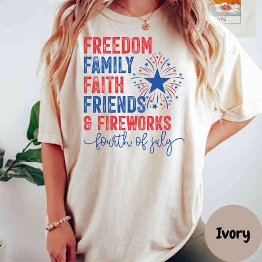 Freedom Family Faith Comfort Colors® Shirt, Fourth of July Tee, Patriotic Fireworks Shirt, Red White and Blue Shirt, USA Celebration Tee