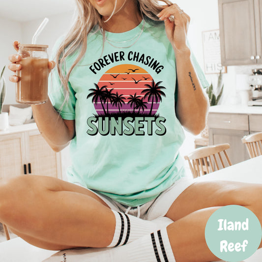 Forever Chasing Sunsets Comfort Colors® Shirt, Tropical Sunset Tee, Beach Graphic Shirt, Summer Vacation Shirt, Coastal Vibes Shirt