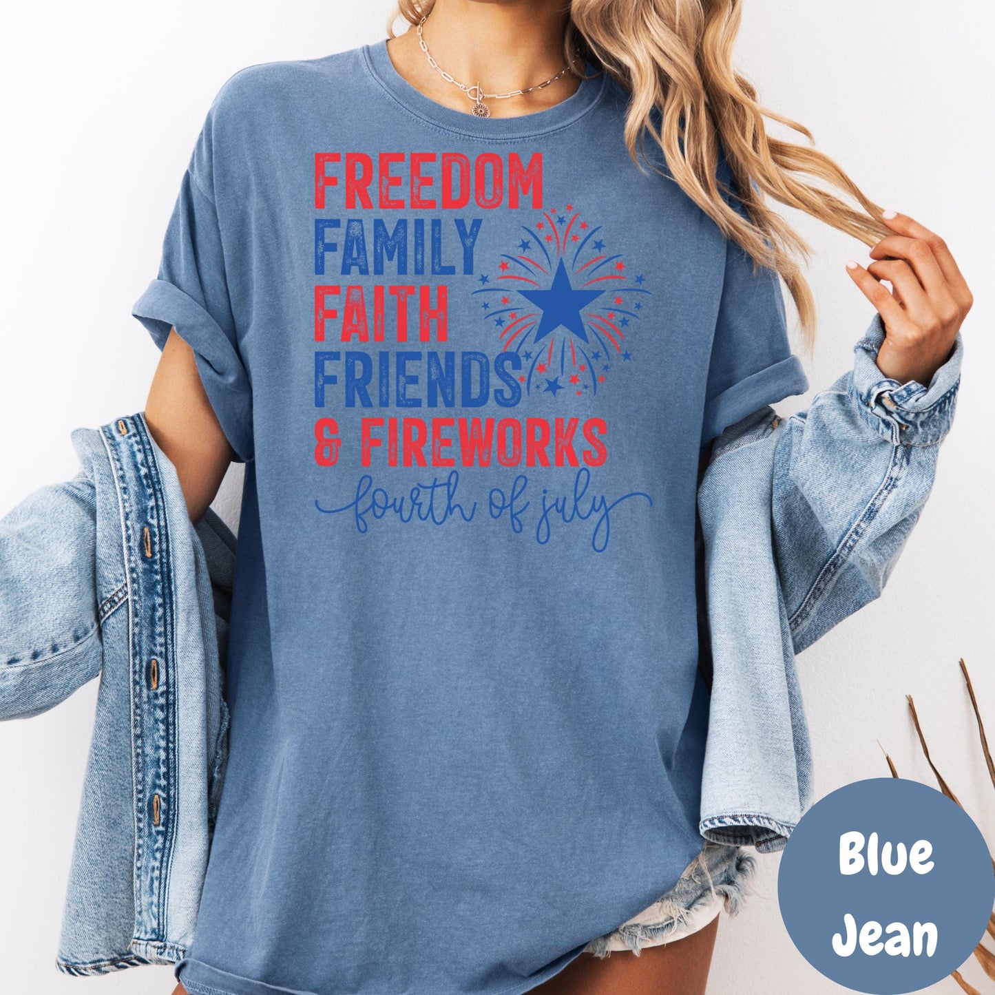 Freedom Family Faith Comfort Colors® Shirt, Fourth of July Tee, Patriotic Fireworks Shirt, Red White and Blue Shirt, USA Celebration Tee