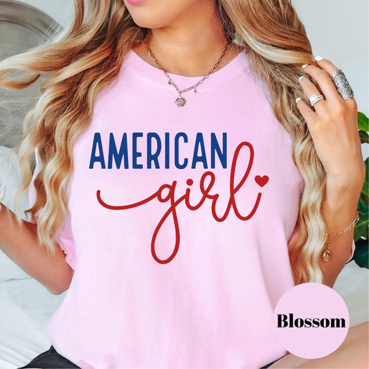 American Girl Comfort Colors® Shirt, Patriotic Script Tee, Fourth of July Shirt, Cute USA Shirt for Women, Red White and Blue Graphic Tee