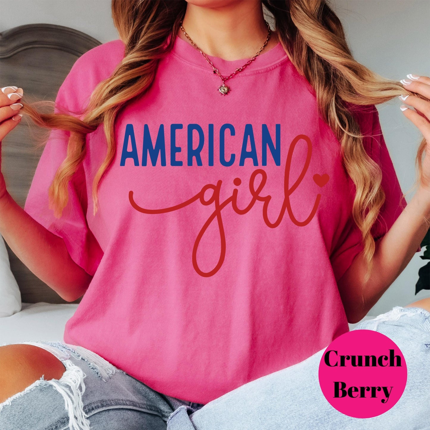 American Girl Comfort Colors® Shirt, Patriotic Script Tee, Fourth of July Shirt, Cute USA Shirt for Women, Red White and Blue Graphic Tee