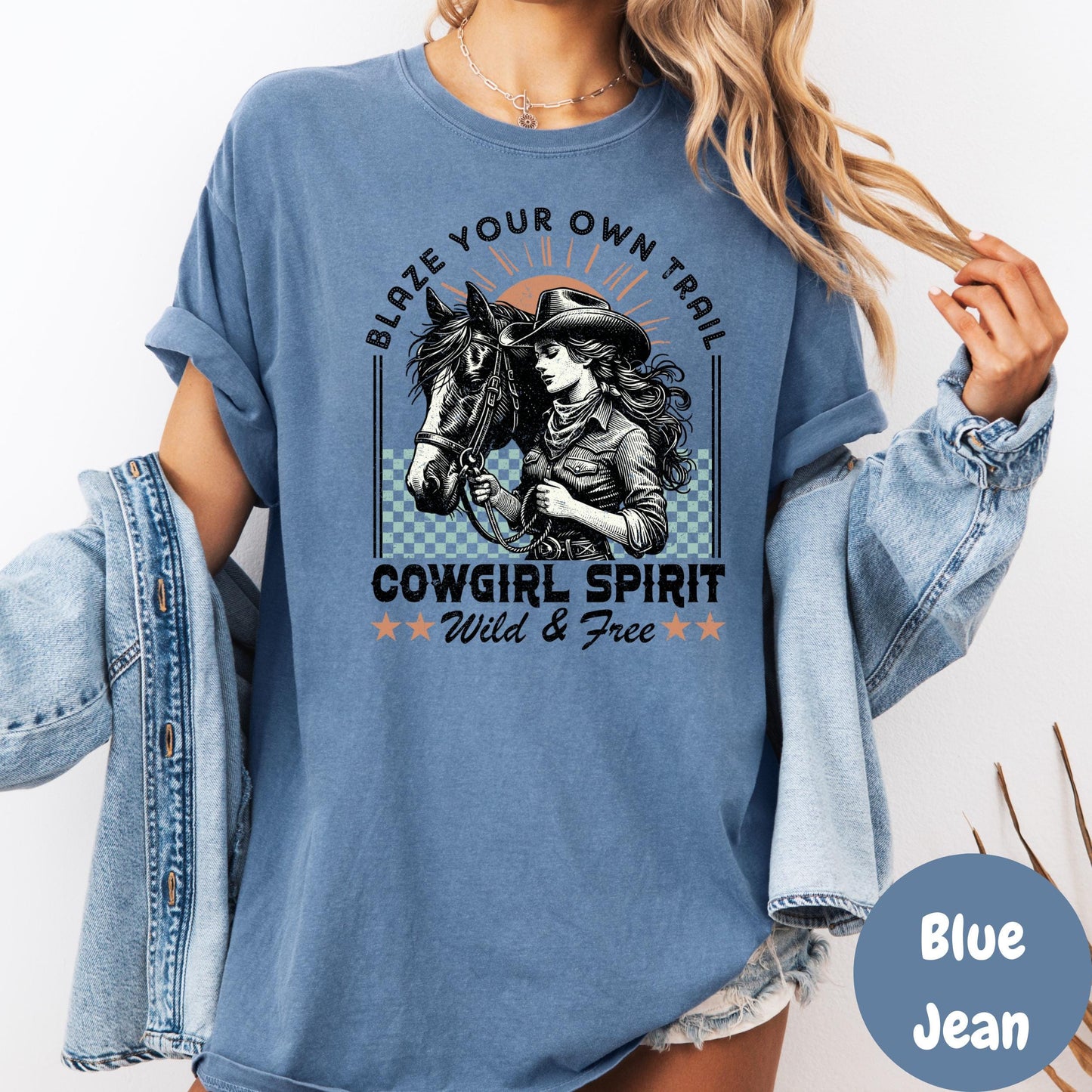 Cowgirl Spirit Comfort Colors® Shirt, Blaze Your Own Trail Shirt, Western Graphic Tee, Wild and Free Horse Shirt, Retro Rodeo Cowgirl Tee