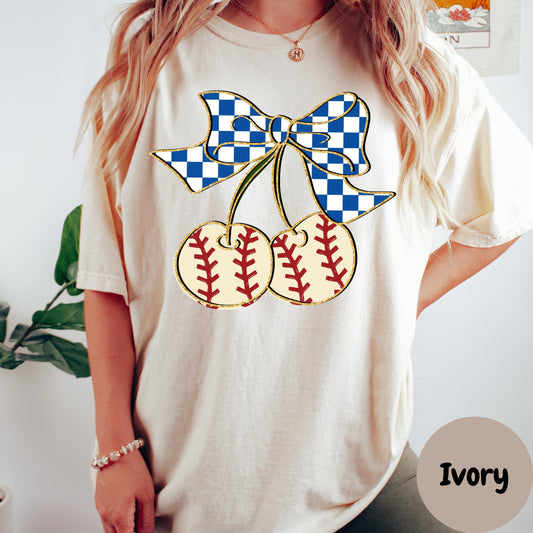 Baseball Cherries Comfort Colors® Shirt, Blue Gingham Coquette Bow Baseball Tee, Cute Game Day Shirt, Softball Mom Shirt, Sports Graphic Tee