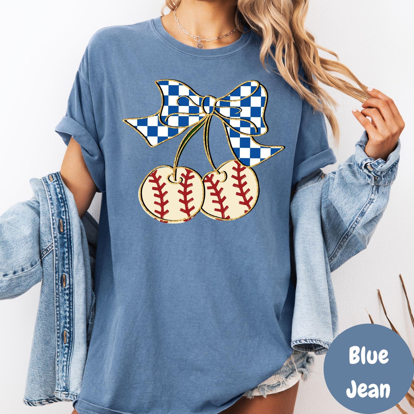 Baseball Cherries Comfort Colors® Shirt, Blue Gingham Coquette Bow Baseball Tee, Cute Game Day Shirt, Softball Mom Shirt, Sports Graphic Tee