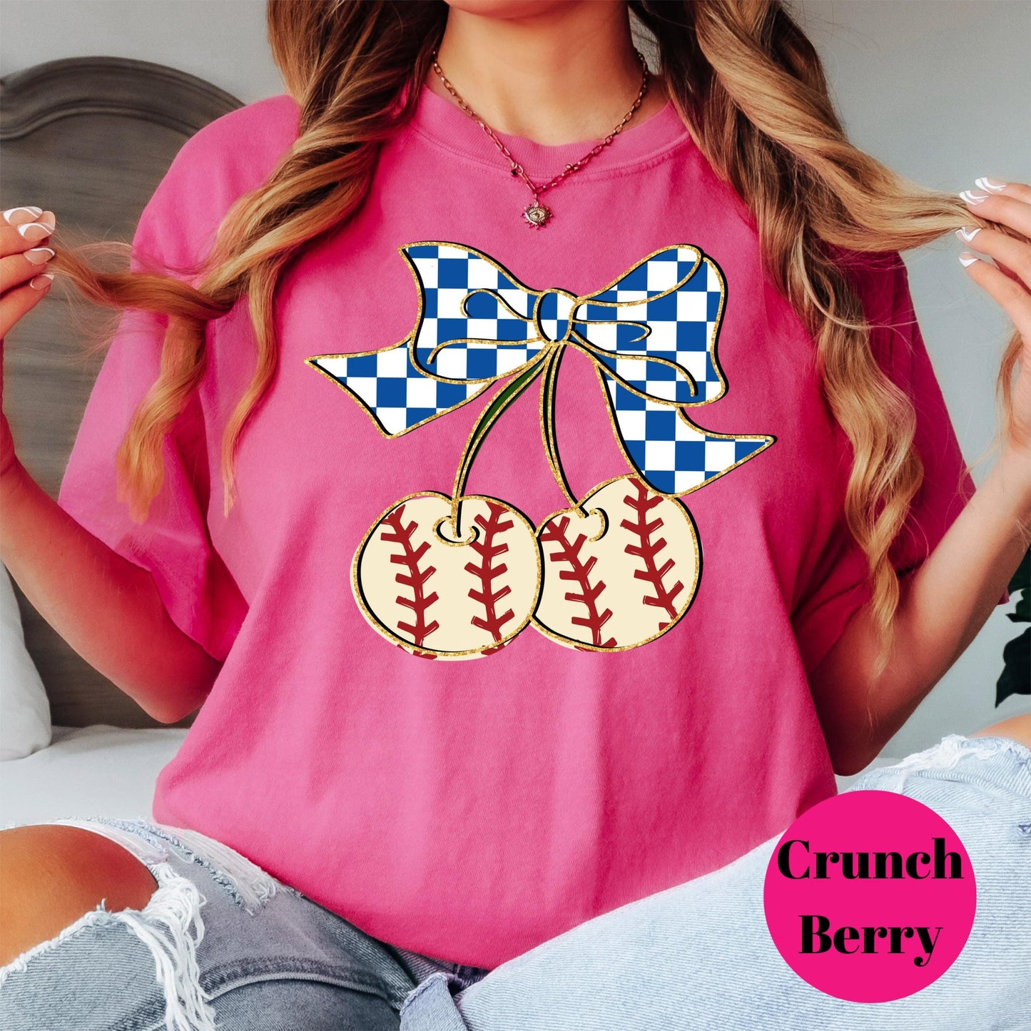 Baseball Cherries Comfort Colors® Shirt, Blue Gingham Coquette Bow Baseball Tee, Cute Game Day Shirt, Softball Mom Shirt, Sports Graphic Tee