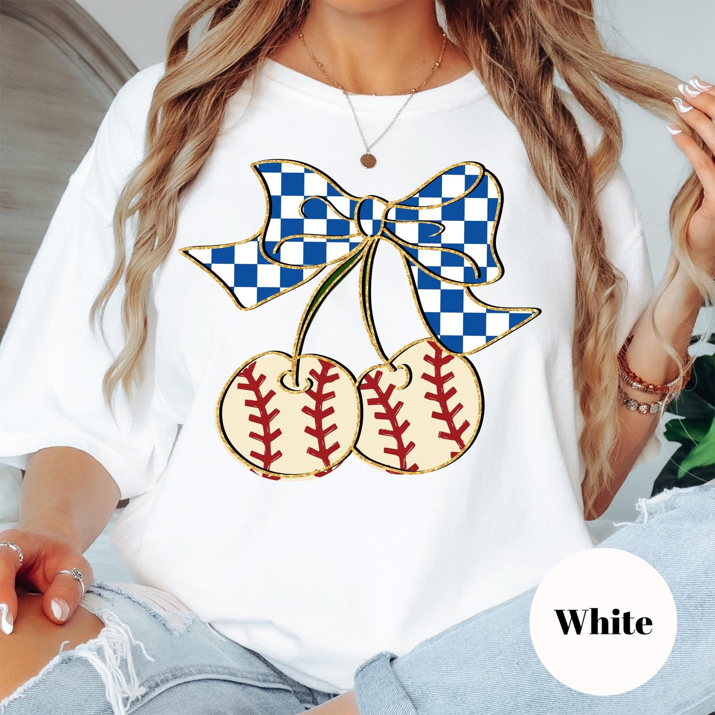 Baseball Cherries Comfort Colors® Shirt, Blue Gingham Coquette Bow Baseball Tee, Cute Game Day Shirt, Softball Mom Shirt, Sports Graphic Tee