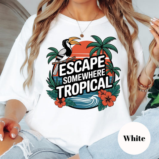 Escape Somewhere Tropical Comfort Colors® Shirt, Summer Vacation Graphic Tee, Tropical Sunset Shirt, Beach Travel Shirt, Toucan Shirt