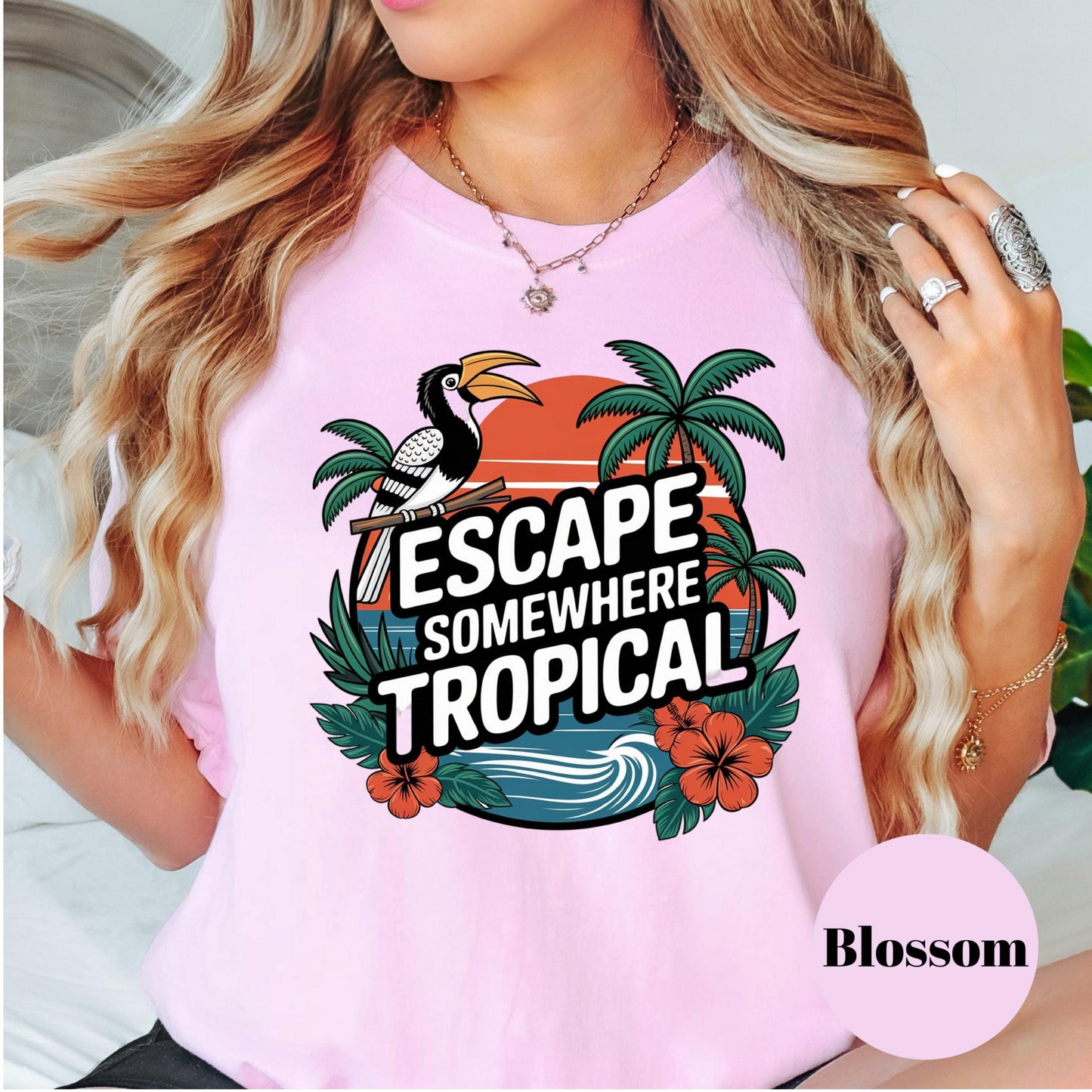 Escape Somewhere Tropical Comfort Colors® Shirt, Summer Vacation Graphic Tee, Tropical Sunset Shirt, Beach Travel Shirt, Toucan Shirt