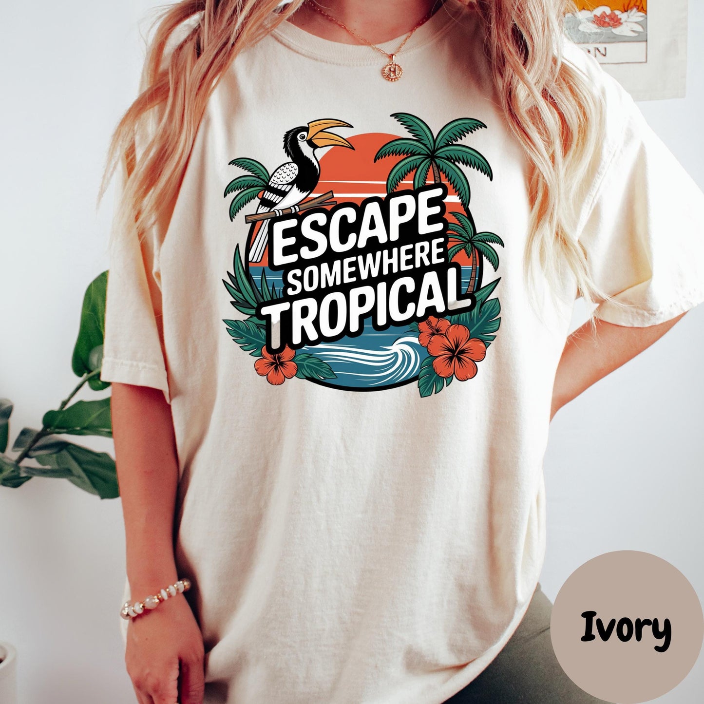 Escape Somewhere Tropical Comfort Colors® Shirt, Summer Vacation Graphic Tee, Tropical Sunset Shirt, Beach Travel Shirt, Toucan Shirt