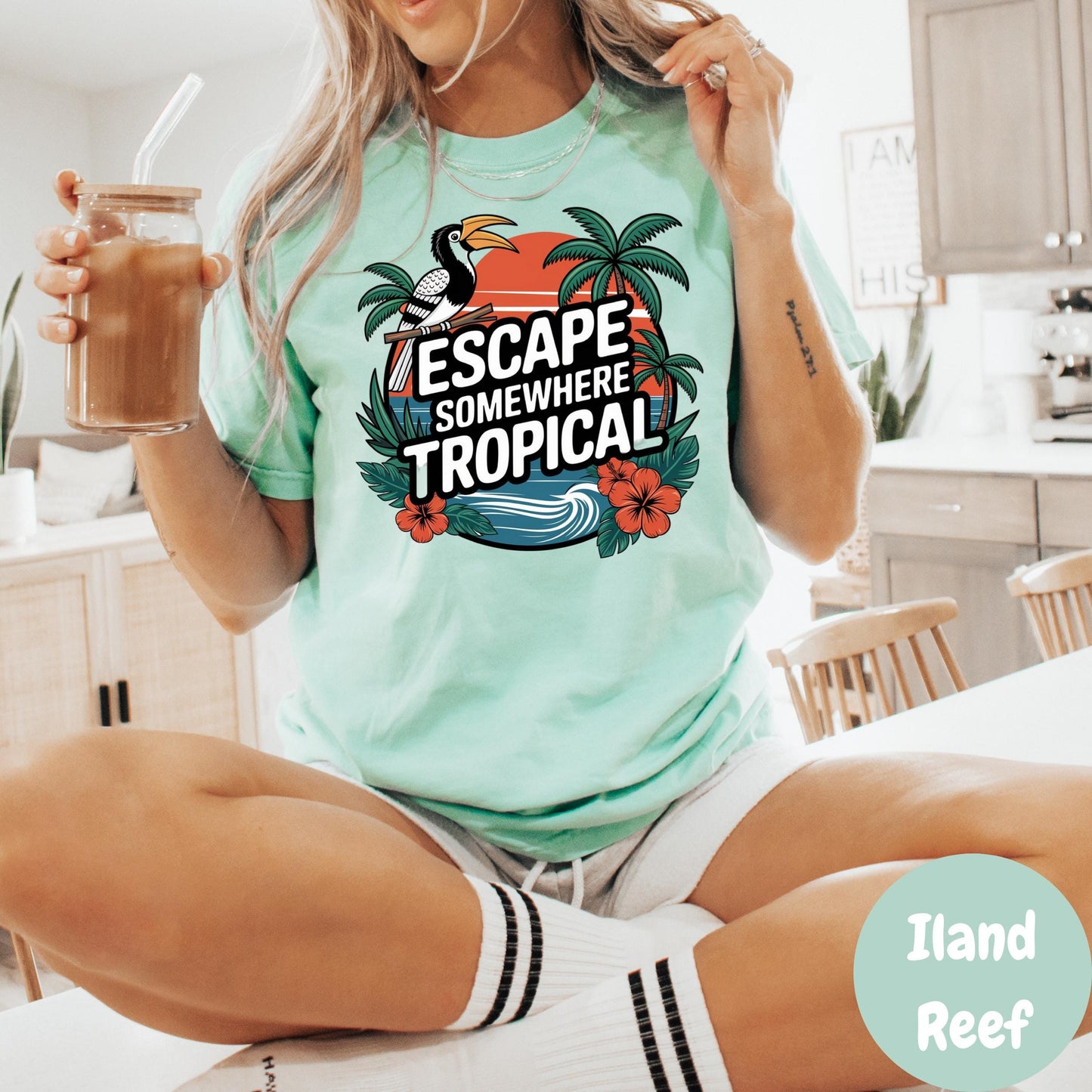 Escape Somewhere Tropical Comfort Colors® Shirt, Summer Vacation Graphic Tee, Tropical Sunset Shirt, Beach Travel Shirt, Toucan Shirt