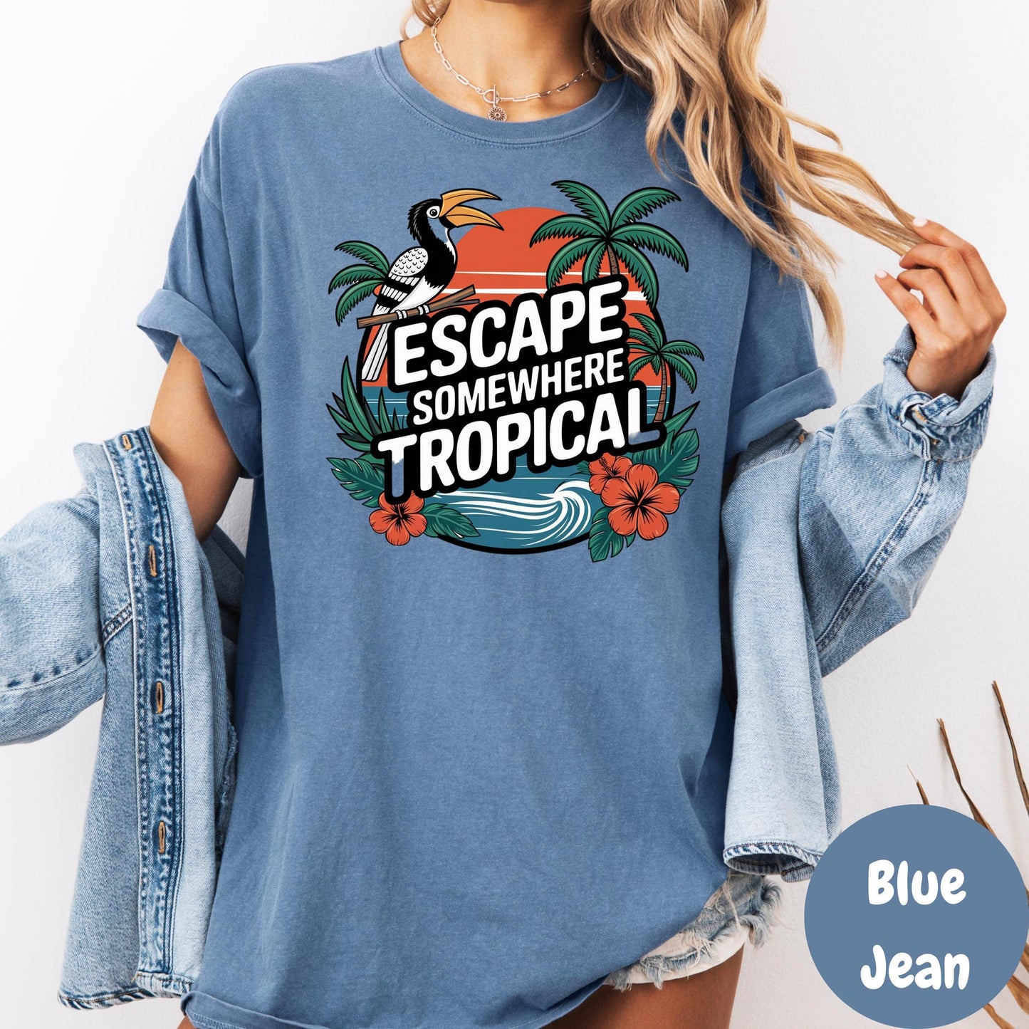 Escape Somewhere Tropical Comfort Colors® Shirt, Summer Vacation Graphic Tee, Tropical Sunset Shirt, Beach Travel Shirt, Toucan Shirt