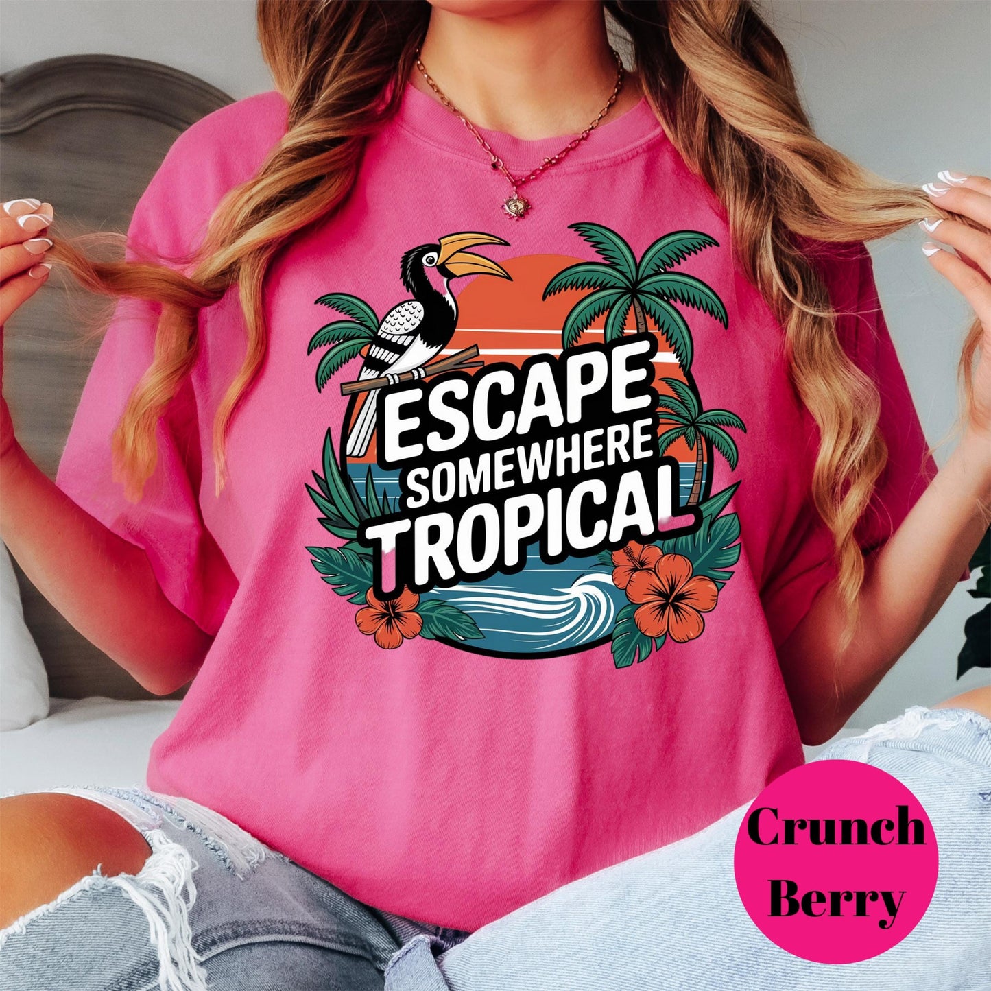 Escape Somewhere Tropical Comfort Colors® Shirt, Summer Vacation Graphic Tee, Tropical Sunset Shirt, Beach Travel Shirt, Toucan Shirt