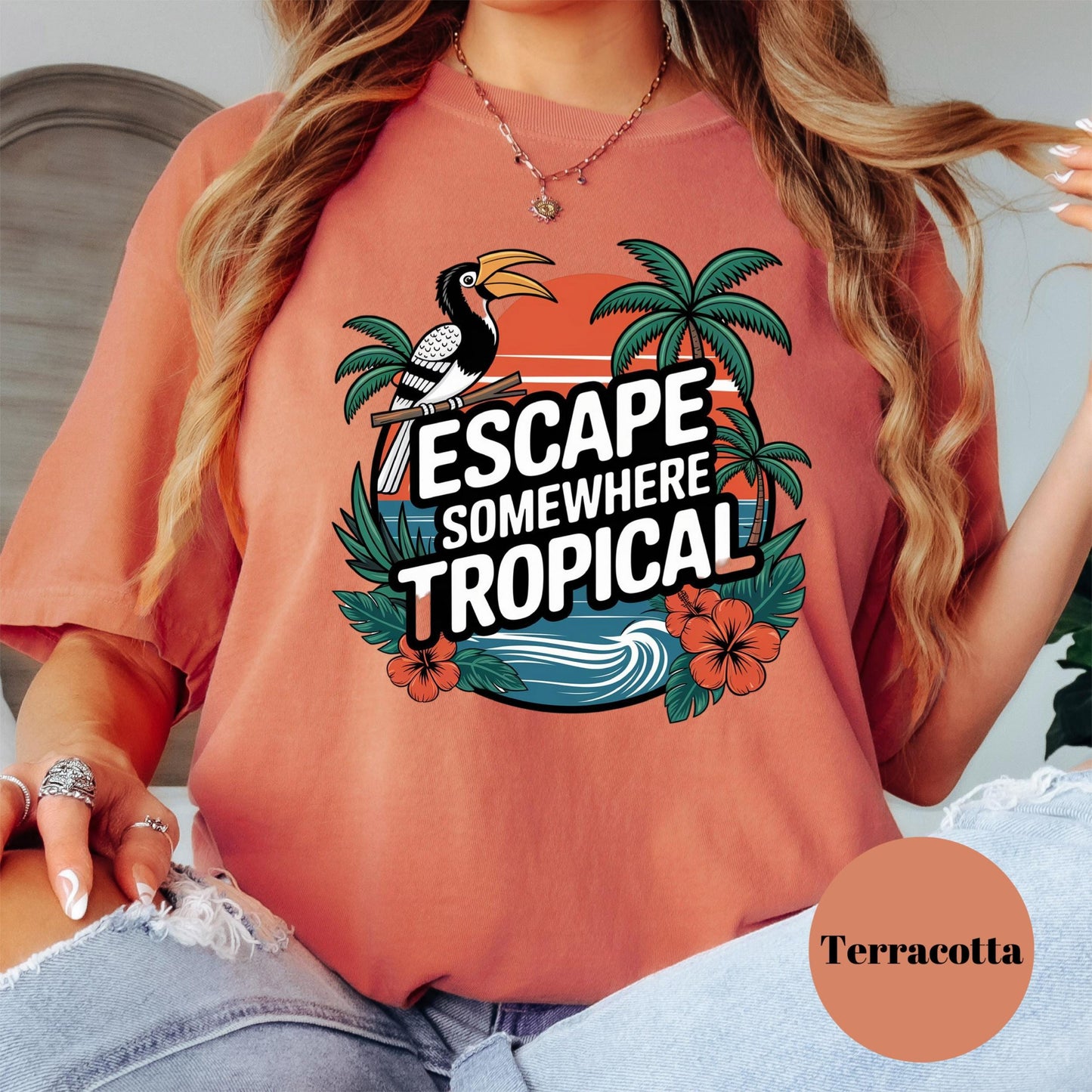 Escape Somewhere Tropical Comfort Colors® Shirt, Summer Vacation Graphic Tee, Tropical Sunset Shirt, Beach Travel Shirt, Toucan Shirt
