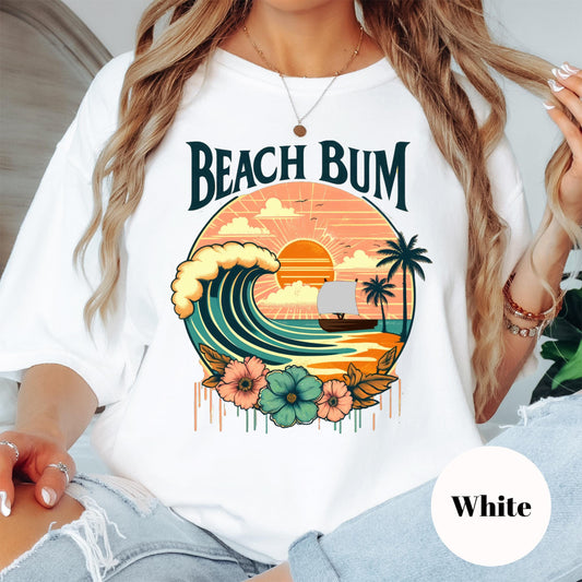 Beach Bum Comfort Colors® Shirt, Retro Summer Sunset Graphic Tee, Coastal Beach Shirt, Boho Surf Shirt, Tropical Vacation Shirt