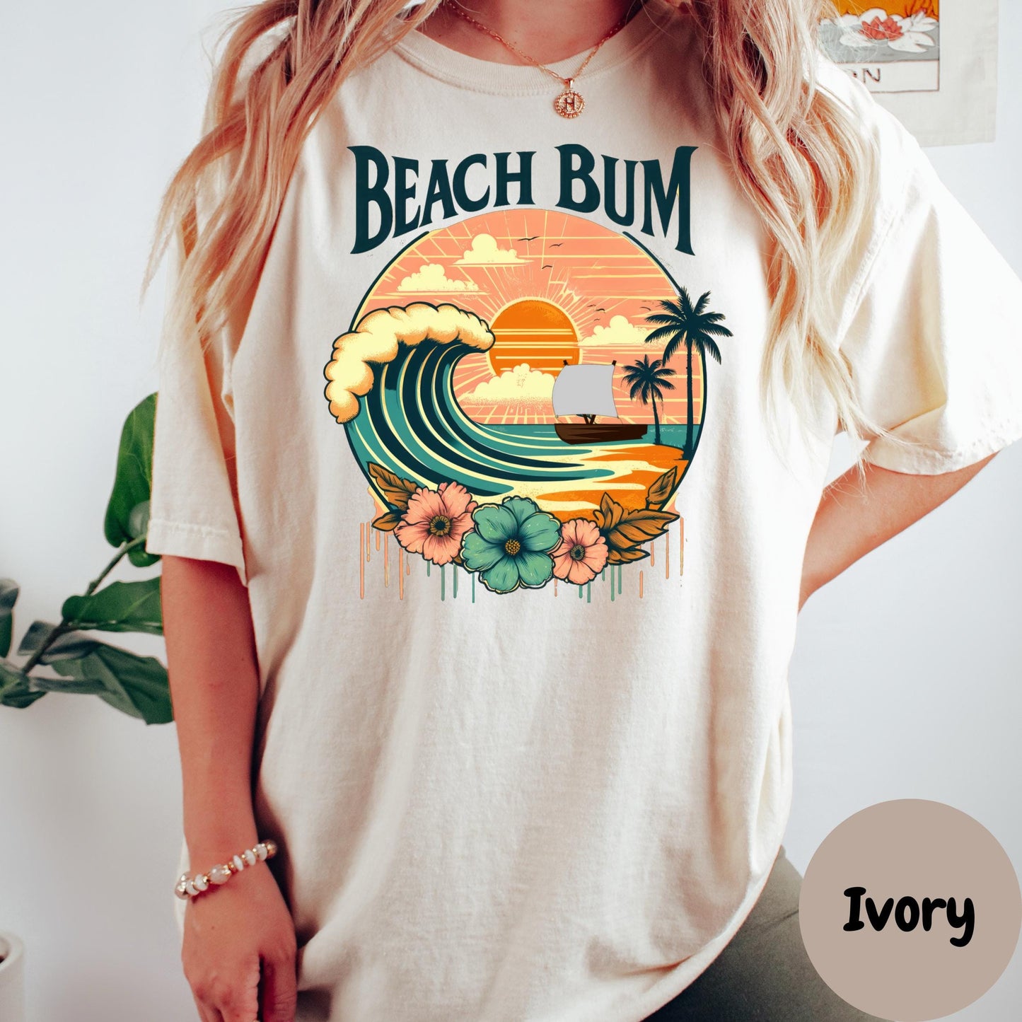 Beach Bum Comfort Colors® Shirt, Retro Summer Sunset Graphic Tee, Coastal Beach Shirt, Boho Surf Shirt, Tropical Vacation Shirt