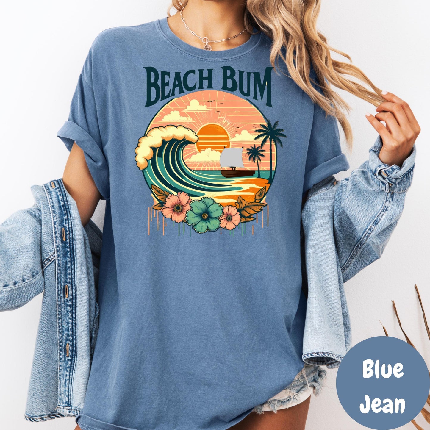 Beach Bum Comfort Colors® Shirt, Retro Summer Sunset Graphic Tee, Coastal Beach Shirt, Boho Surf Shirt, Tropical Vacation Shirt