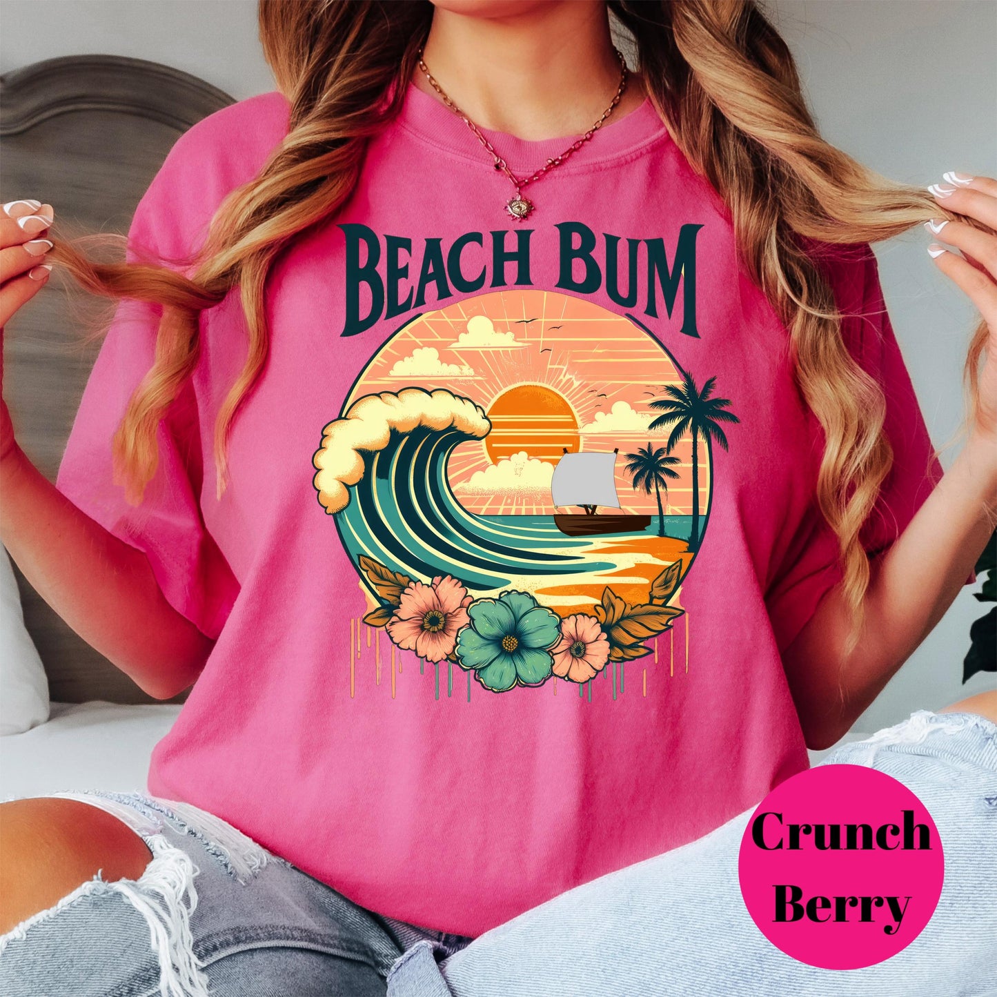 Beach Bum Comfort Colors® Shirt, Retro Summer Sunset Graphic Tee, Coastal Beach Shirt, Boho Surf Shirt, Tropical Vacation Shirt