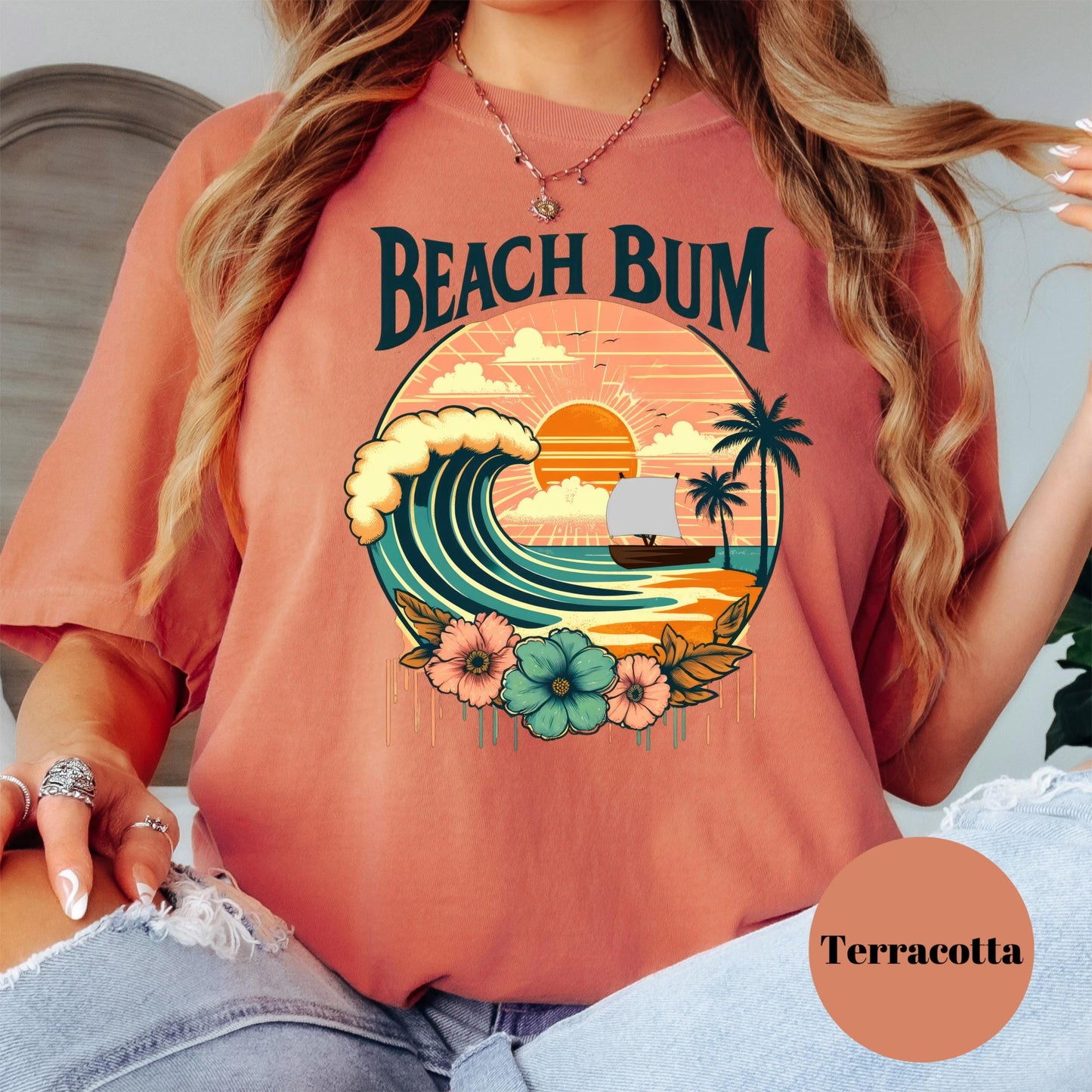 Beach Bum Comfort Colors® Shirt, Retro Summer Sunset Graphic Tee, Coastal Beach Shirt, Boho Surf Shirt, Tropical Vacation Shirt