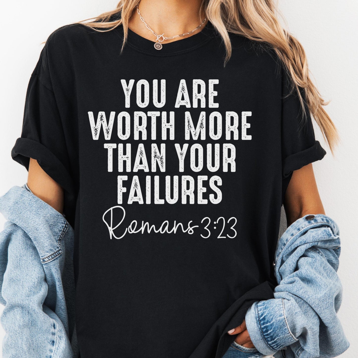 Worth More Than Failures Comfort Colors® Shirt, Romans 3:23 Christian Tee, Inspirational Bible Verse Shirt, Grace and Redemption Faith Tee