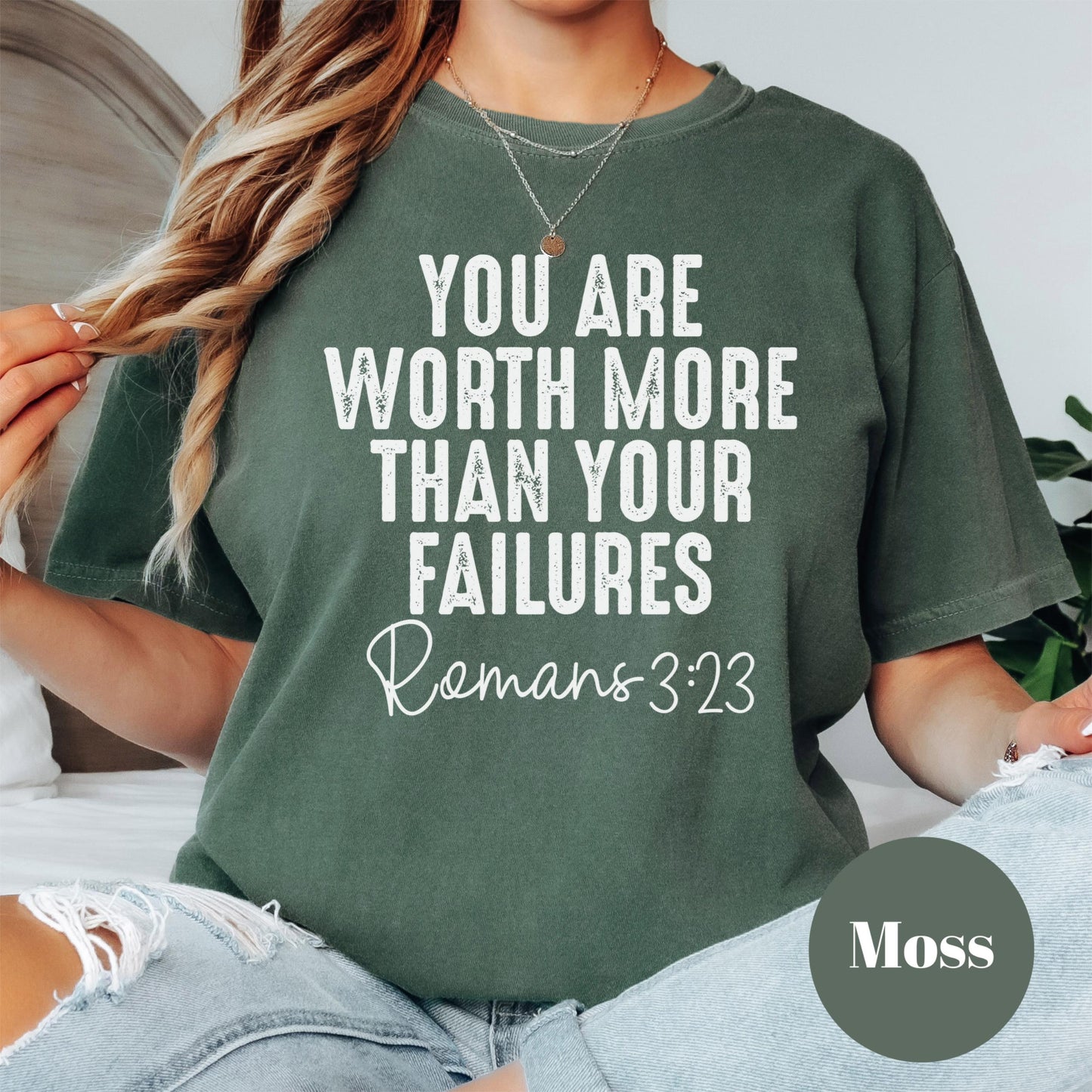 Worth More Than Failures Comfort Colors® Shirt, Romans 3:23 Christian Tee, Inspirational Bible Verse Shirt, Grace and Redemption Faith Tee