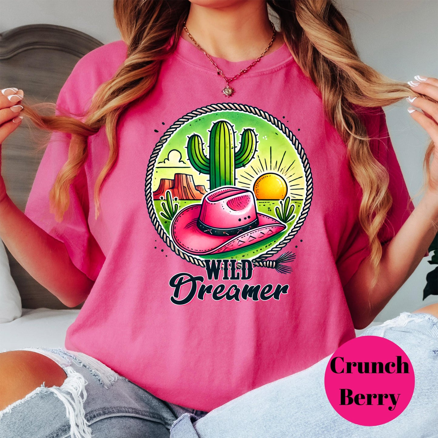 Wild Dreamer Comfort Colors® Shirt, Western Cowgirl Desert Tee, Colorful Sunset Shirt, Cactus and Pink Hat Shirt, Boho Country Gift Tee