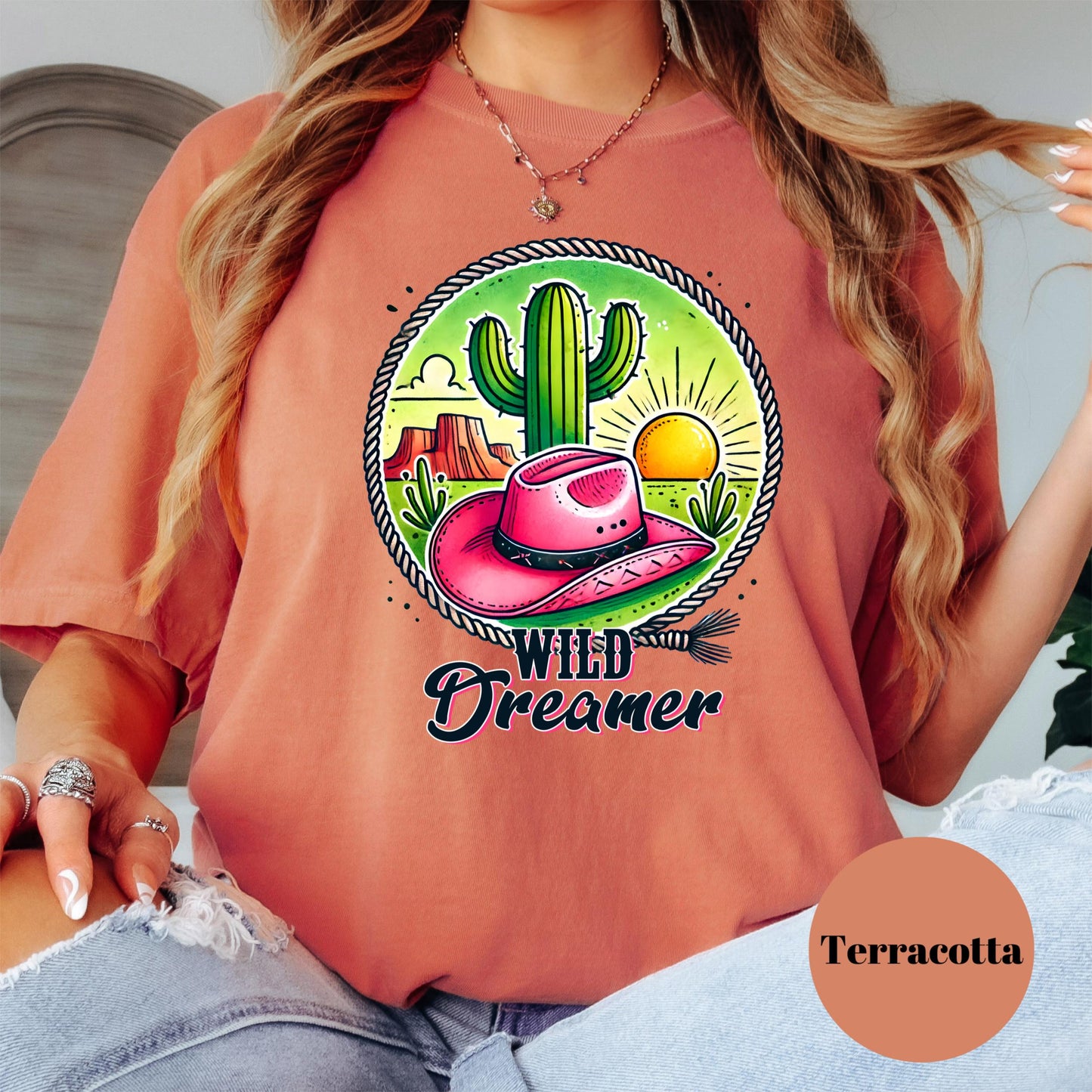 Wild Dreamer Comfort Colors® Shirt, Western Cowgirl Desert Tee, Colorful Sunset Shirt, Cactus and Pink Hat Shirt, Boho Country Gift Tee