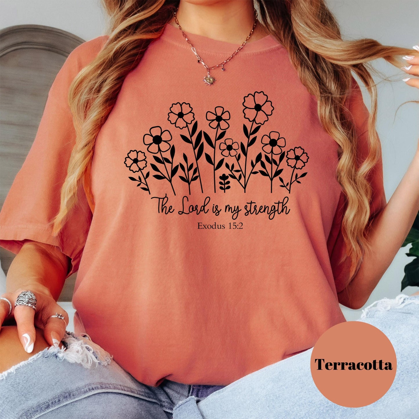The Lord is My Strength Shirt, Comfort Colors® Christian Tee, Psalm 28:7 Shirt, Floral Bible Verse Shirt, Inspirational Faith Gift