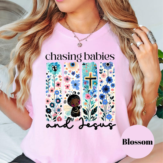 Chasing Babies and Jesus Shirt, Comfort Colors® Christian Mom Shirt, Faith-Based Mama Tee, Floral Jesus Shirt, Toddler Mom Life Shirt
