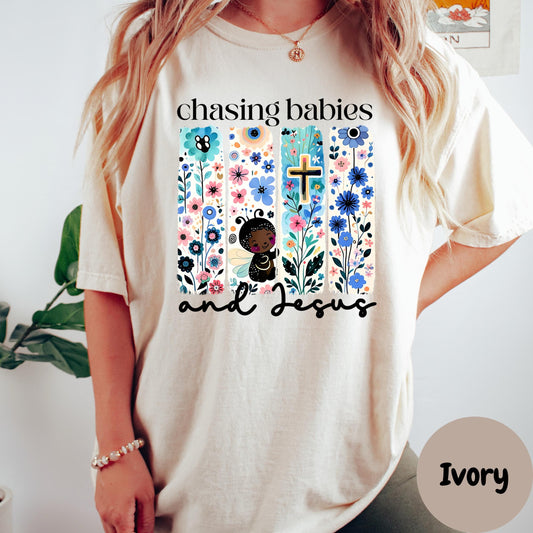 Chasing Babies and Jesus Shirt, Comfort Colors® Christian Mom Shirt, Faith-Based Mama Tee, Floral Jesus Shirt, Toddler Mom Life Shirt