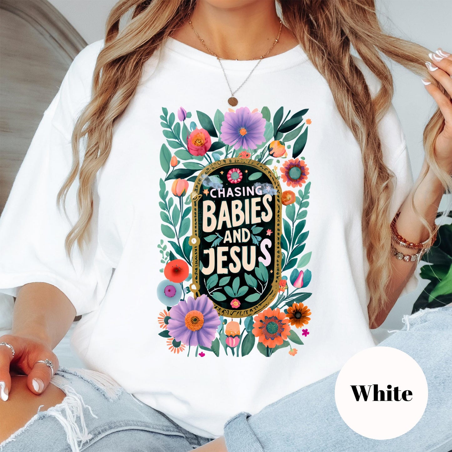 Chasing Babies and Jesus Shirt, Comfort Colors® Floral Christian Mom Tee, Faith and Motherhood Shirt, Pastel Jesus Lover T-Shirt