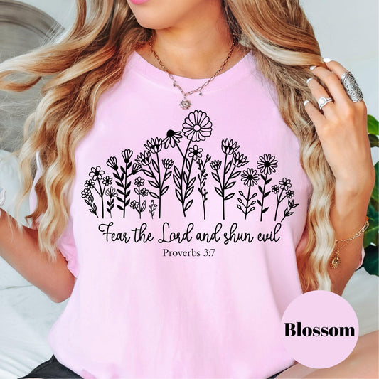 Fear the Lord Shirt, Proverbs 3:7 Comfort Colors® Shirt, Christian Floral Tee, Bible Verse Shirt for Women, Scripture Faith Gift Tee