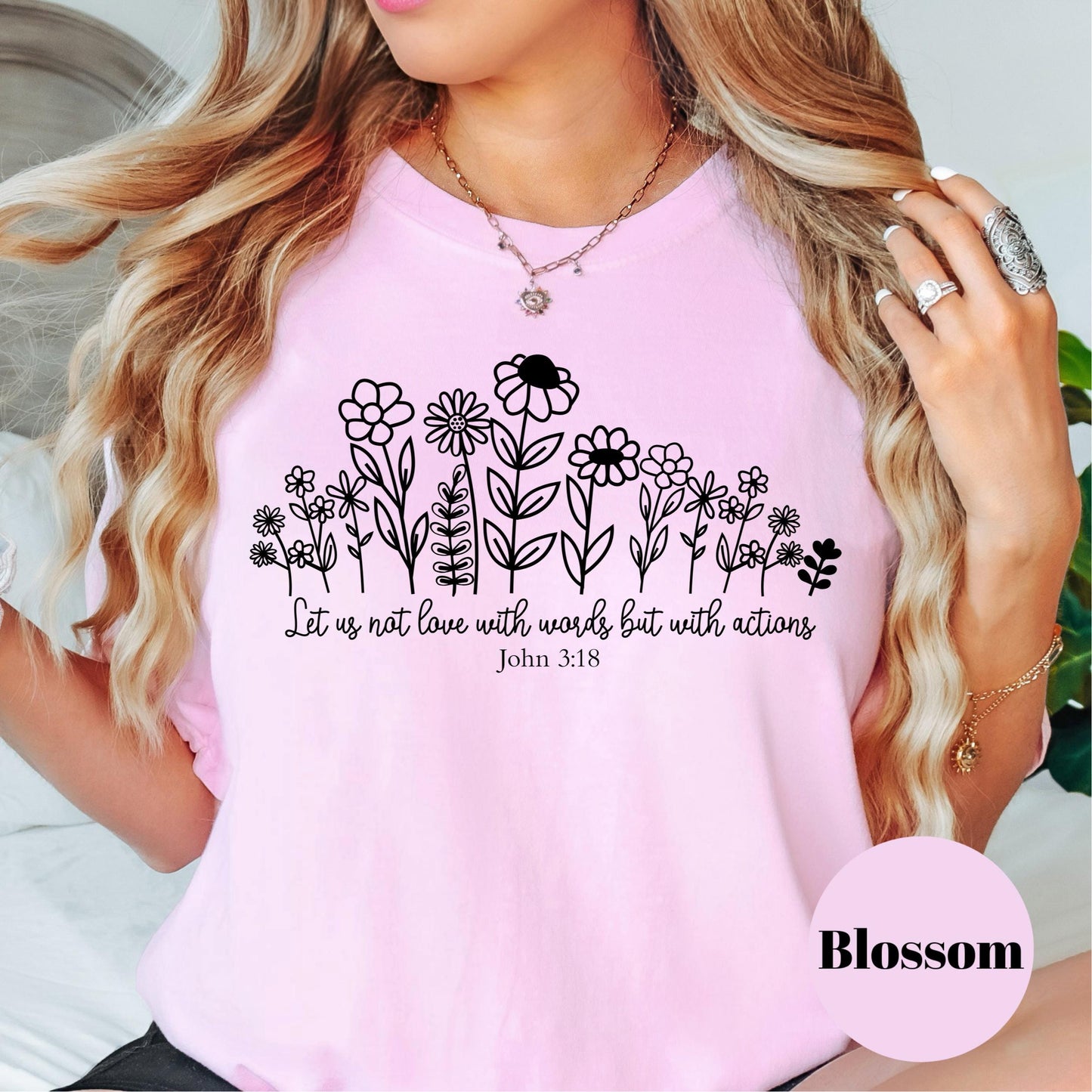 Love With Actions Shirt, John 3:18 Comfort Colors® Shirt, Christian Floral Tee, Bible Verse Shirt for Women, Faith-Based Gift Tee