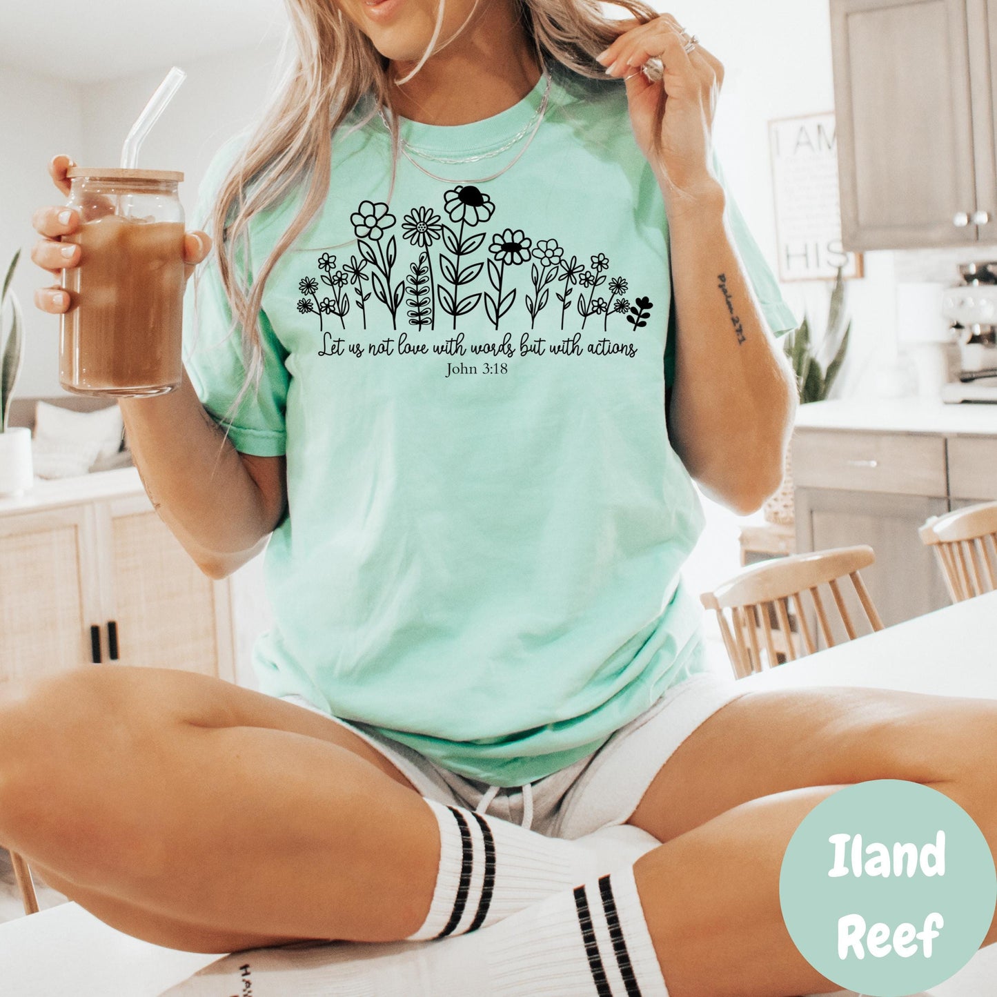 Love With Actions Shirt, John 3:18 Comfort Colors® Shirt, Christian Floral Tee, Bible Verse Shirt for Women, Faith-Based Gift Tee