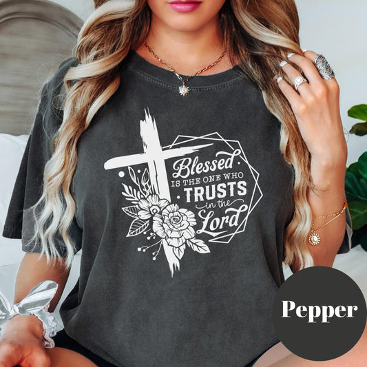 Blessed Trusts in the Lord Shirt, Comfort Colors® Christian Floral Cross Tee, Religious Shirt, Jeremiah 17:7 Shirt, Faith-Based Gift Tee
